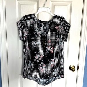 My Michelle Floral and Polka Dot Short Sleeve Blouse Navy White Large